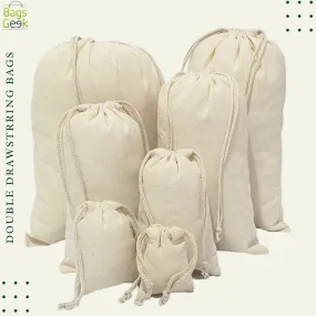 10x12 Inch Thick Premium Quality 100% Cotton Reusable Eco-Friendly Natural Color Double Drawstring Bags