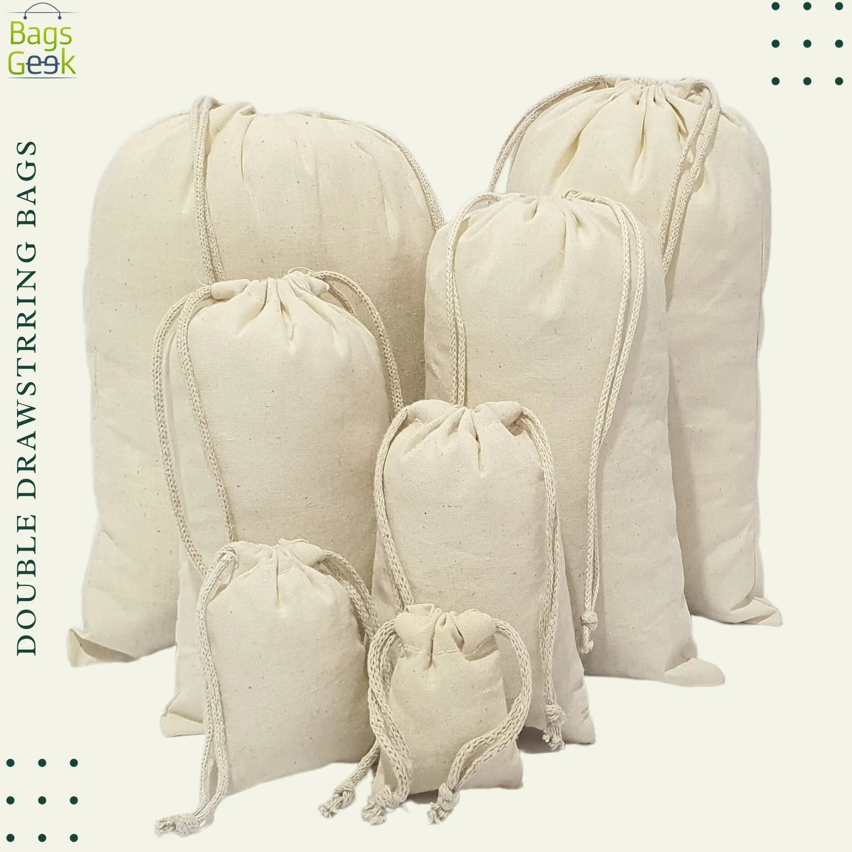 10x12 Inch Thick Premium Quality 100% Cotton Reusable Eco-Friendly Natural Color Double Drawstring Bags