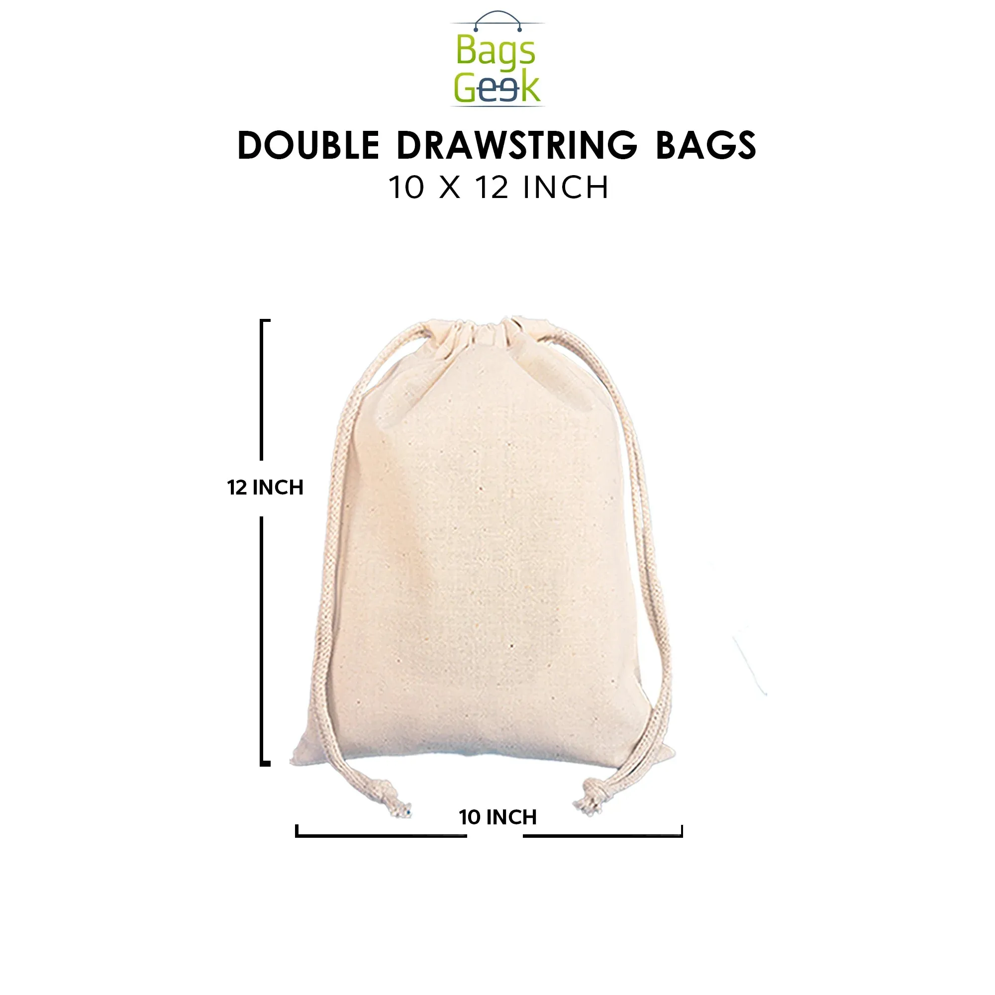 10x12 Inch Thick Premium Quality 100% Cotton Reusable Eco-Friendly Natural Color Double Drawstring Bags