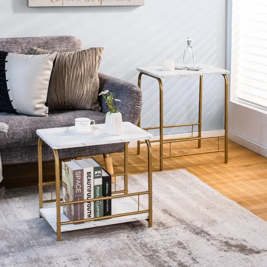2 Pieces Faux Marble Nesting Table for Small Space-White