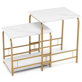 2 Pieces Faux Marble Nesting Table for Small Space-White