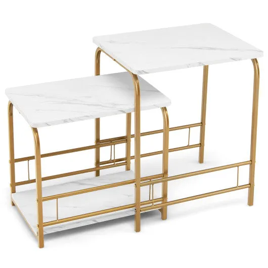 2 Pieces Faux Marble Nesting Table for Small Space-White