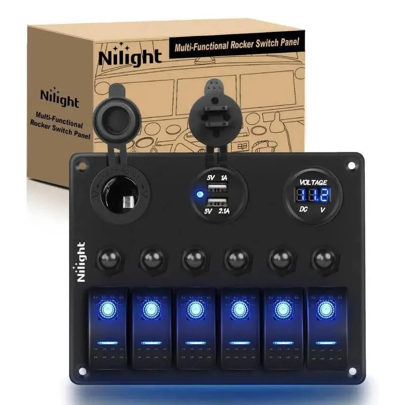 6Gang ON/Off Blue Rocker Switch Panel w/ Dual USB Cigarette Lighter Socket Voltmeter