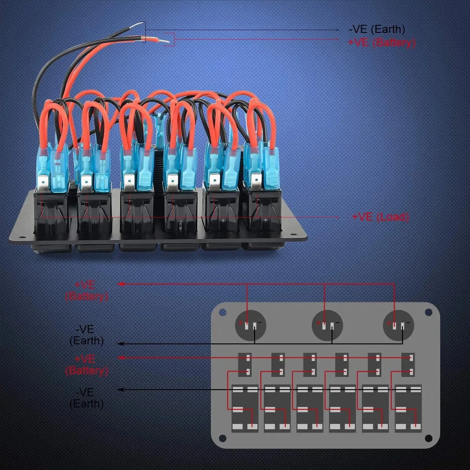 6Gang ON/Off Blue Rocker Switch Panel w/ Dual USB Cigarette Lighter Socket Voltmeter