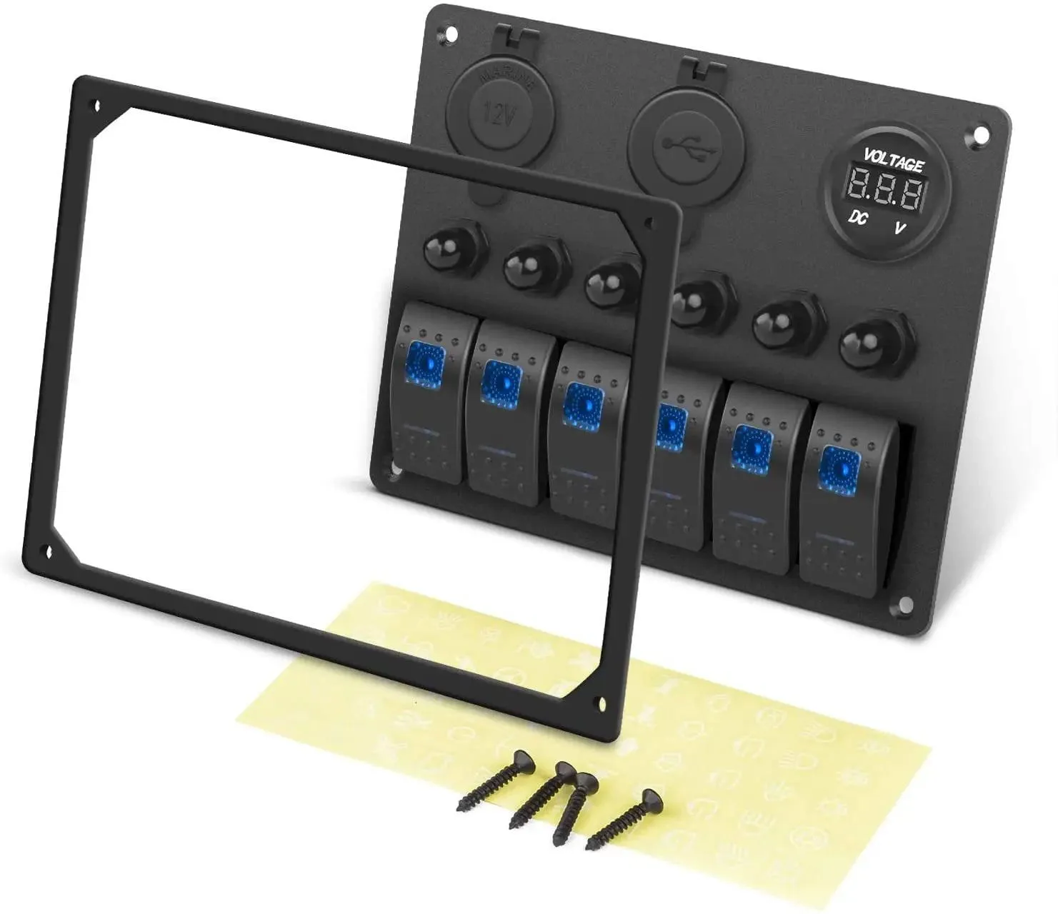 6Gang ON/Off Blue Rocker Switch Panel w/ Dual USB Cigarette Lighter Socket Voltmeter