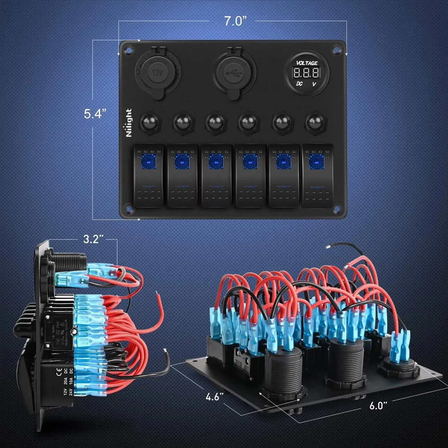 6Gang ON/Off Blue Rocker Switch Panel w/ Dual USB Cigarette Lighter Socket Voltmeter