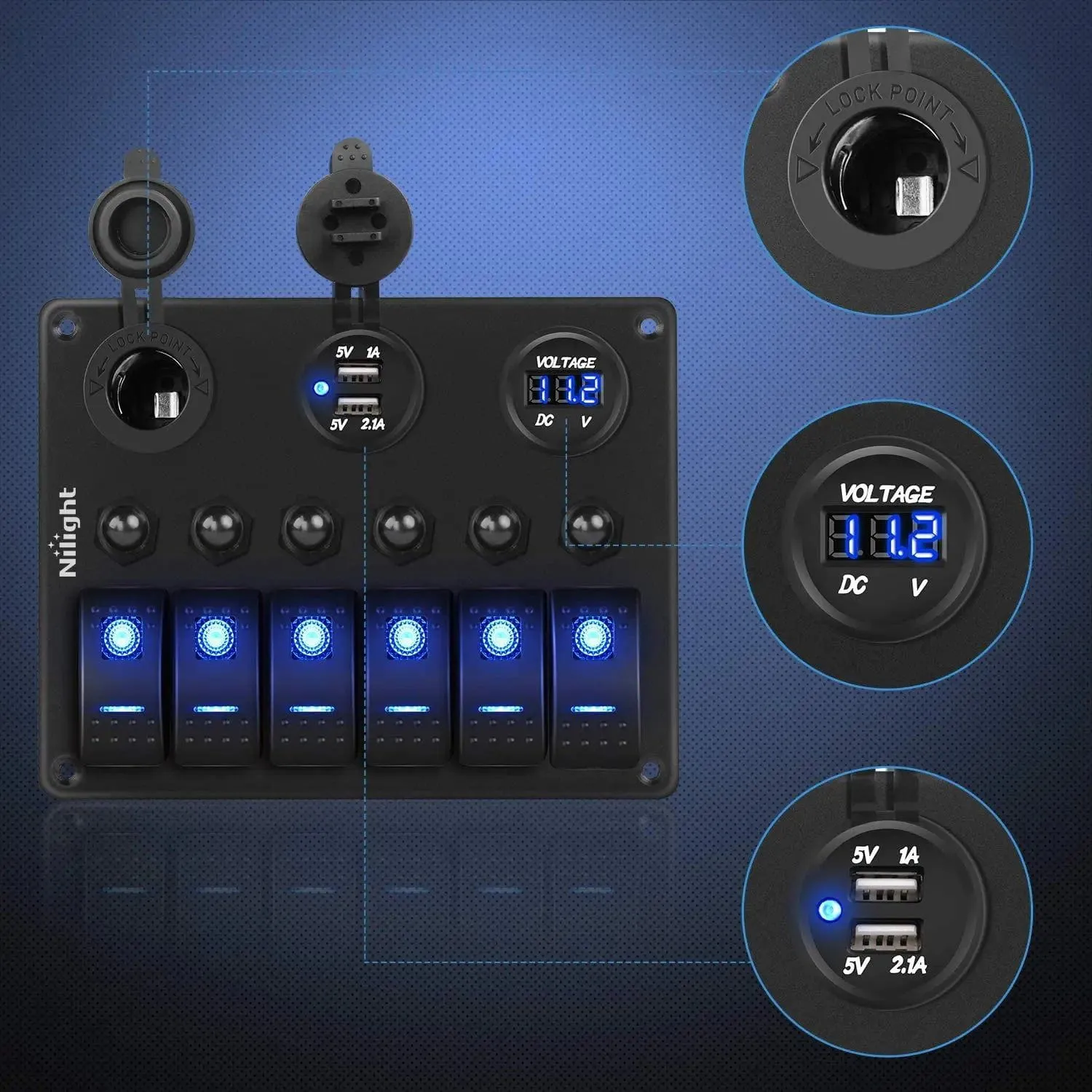 6Gang ON/Off Blue Rocker Switch Panel w/ Dual USB Cigarette Lighter Socket Voltmeter