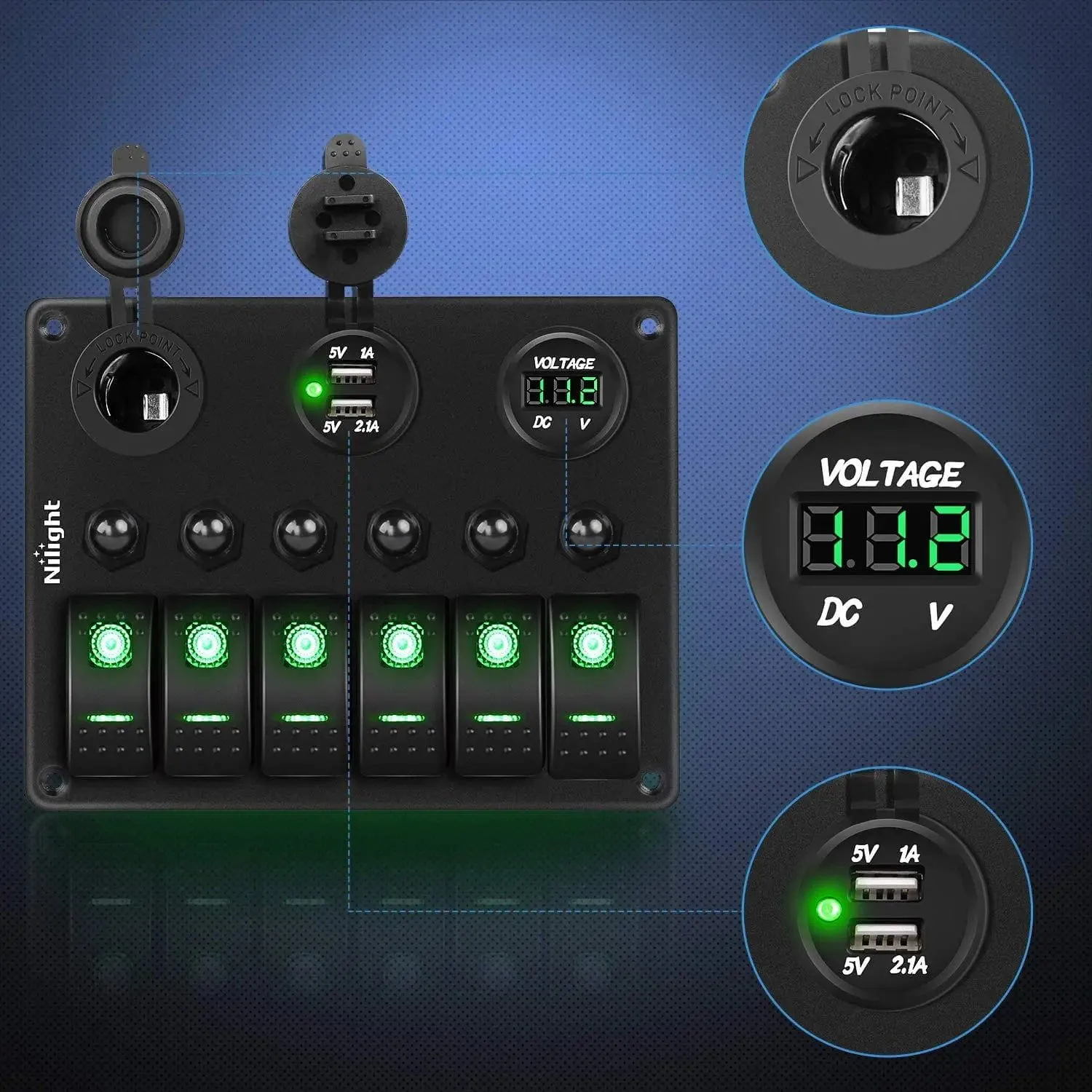 6Gang ON/Off Green Rocker Switch Panel w/ Dual USB Cigarette Lighter Socket Voltmeter