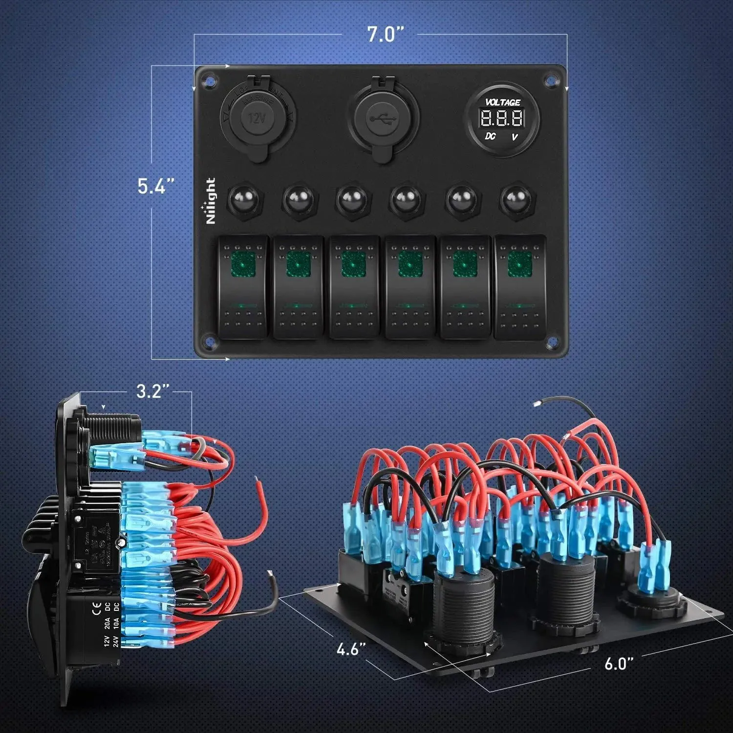 6Gang ON/Off Green Rocker Switch Panel w/ Dual USB Cigarette Lighter Socket Voltmeter