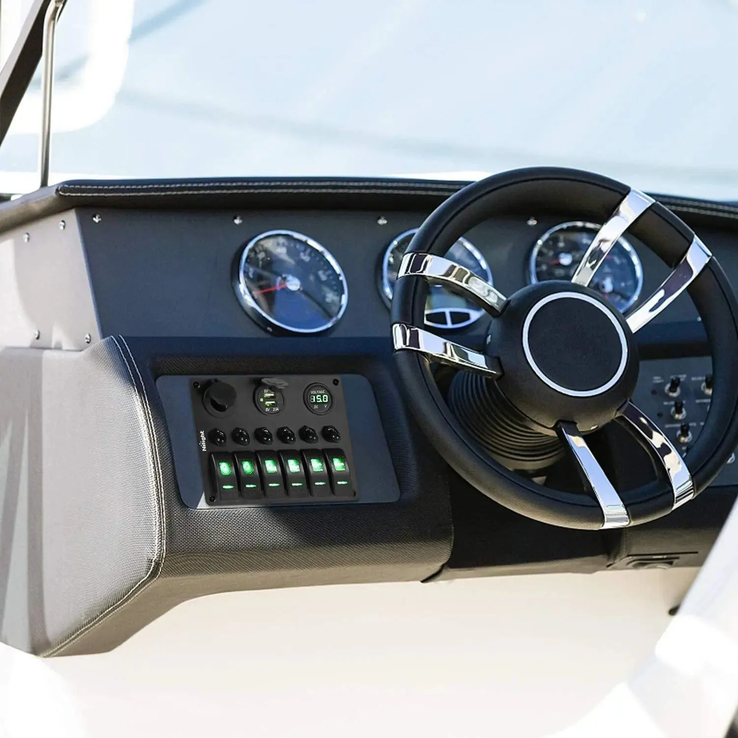 6Gang ON/Off Green Rocker Switch Panel w/ Dual USB Cigarette Lighter Socket Voltmeter