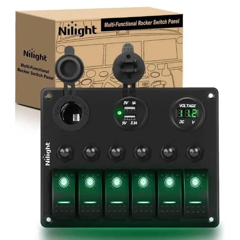 6Gang ON/Off Green Rocker Switch Panel w/ Dual USB Cigarette Lighter Socket Voltmeter