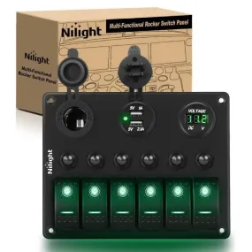 6Gang ON/Off Green Rocker Switch Panel w/ Dual USB Cigarette Lighter Socket Voltmeter