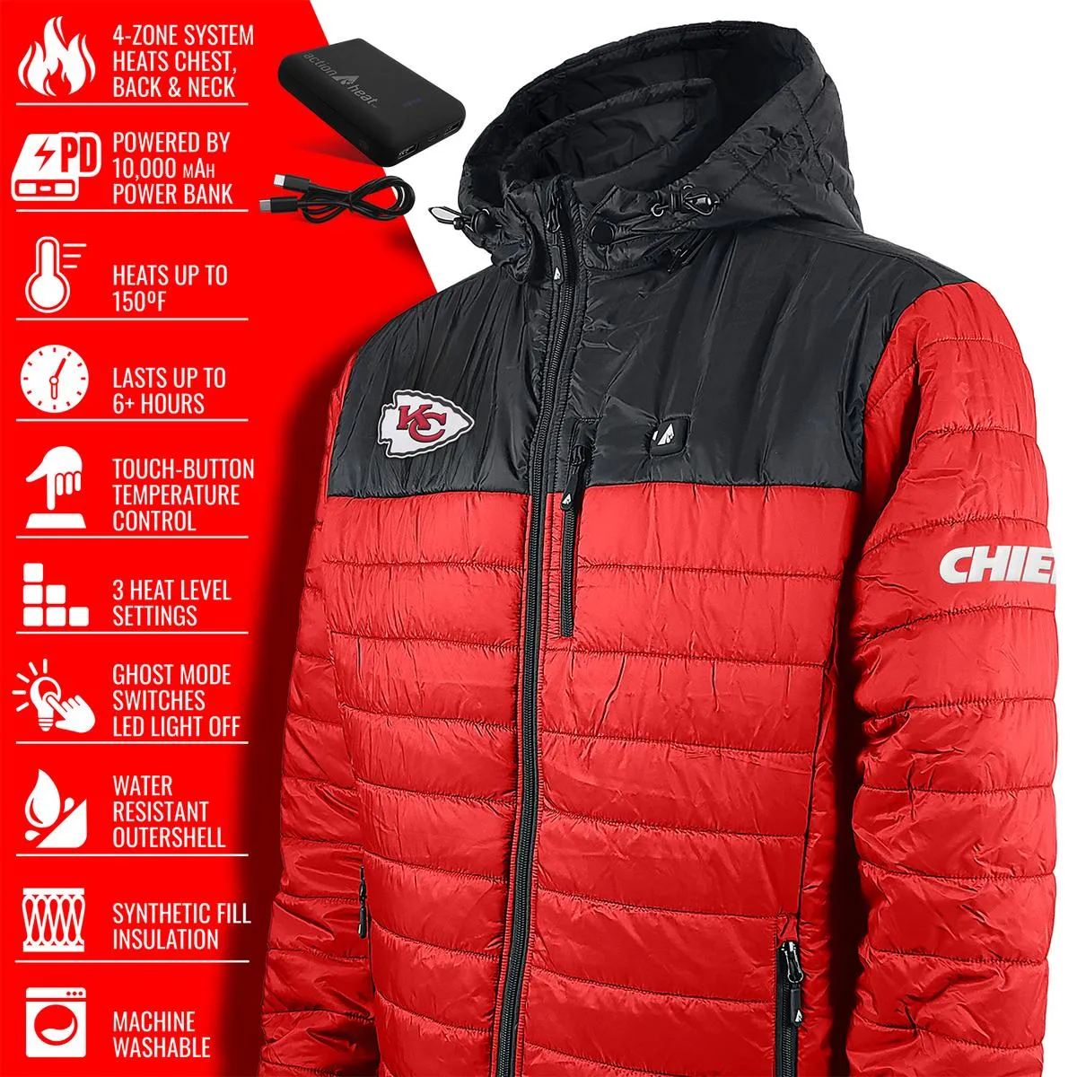 ActionHeat Kansas City Chiefs 5V Men's Colorblock Puffer Battery Heated Jacket