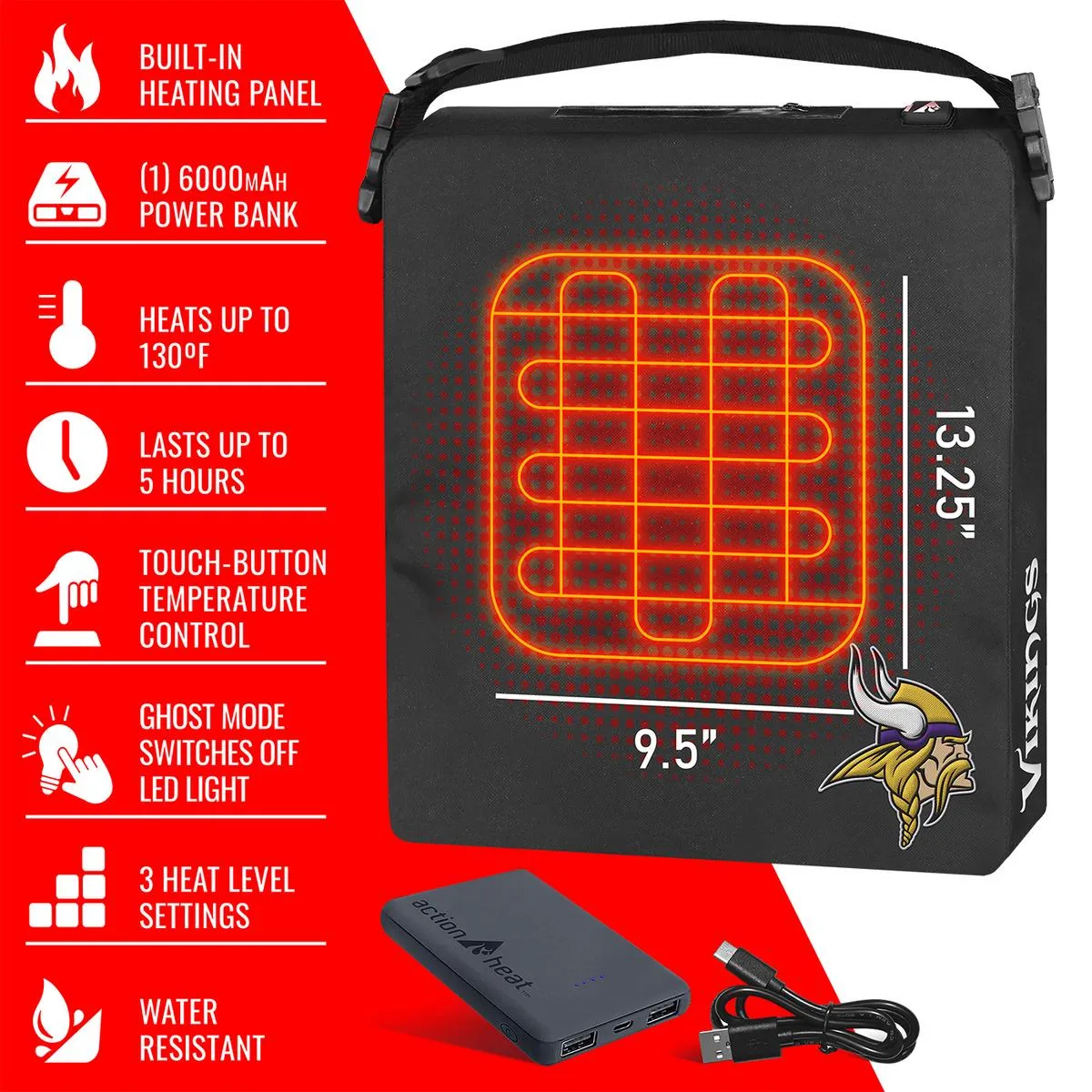 ActionHeat Minnesota Vikings 5V Battery Heated Seat Cushion