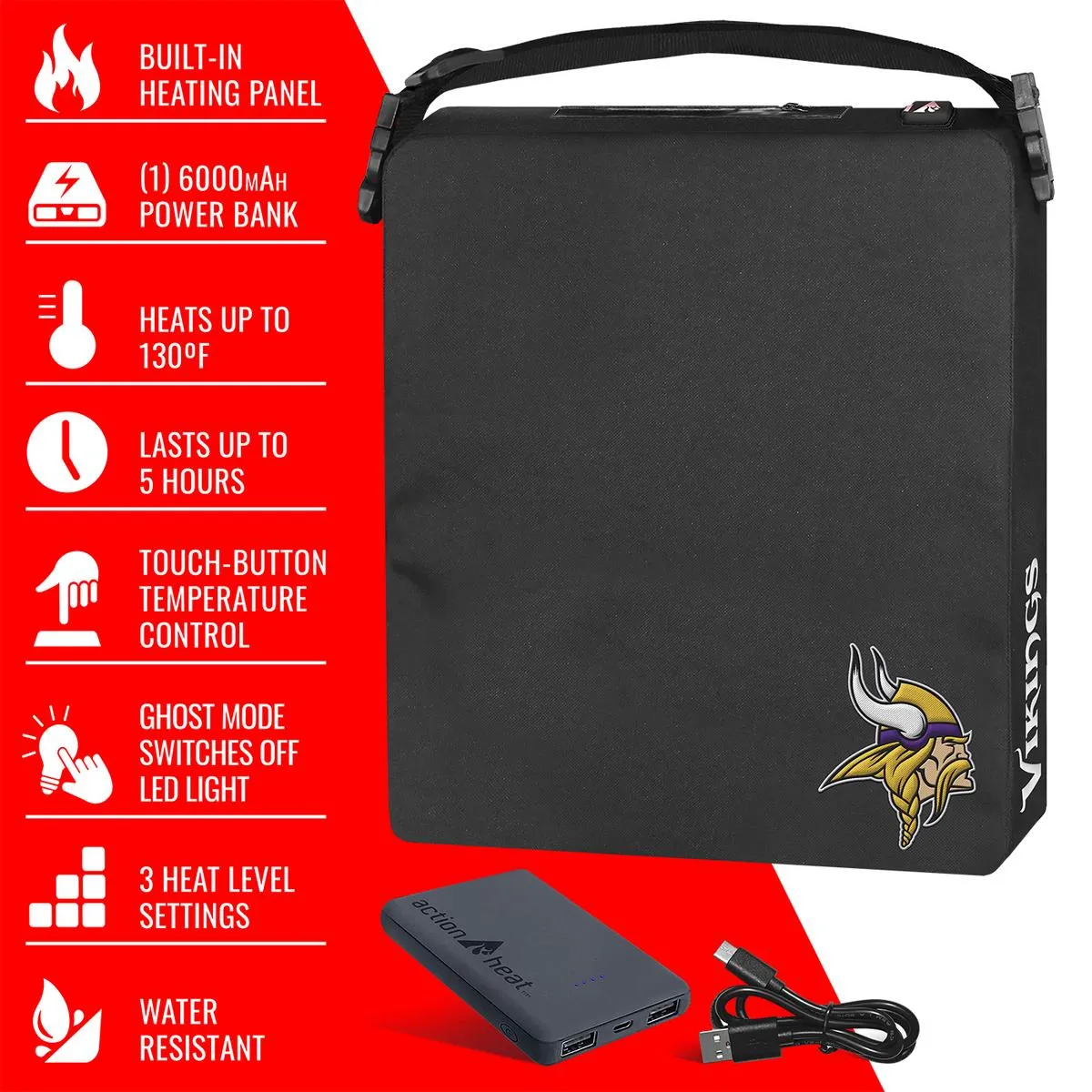 ActionHeat Minnesota Vikings 5V Battery Heated Seat Cushion