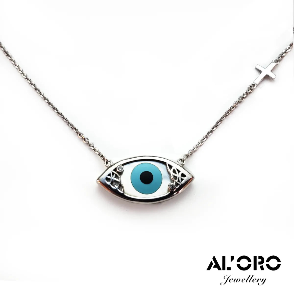 AL'ORO 14K Gold Big Evil Eye And Cross With Iridescent White Seashell Necklace With Stones