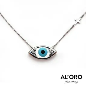 AL'ORO 14K Gold Big Evil Eye And Cross With Iridescent White Seashell Necklace With Stones