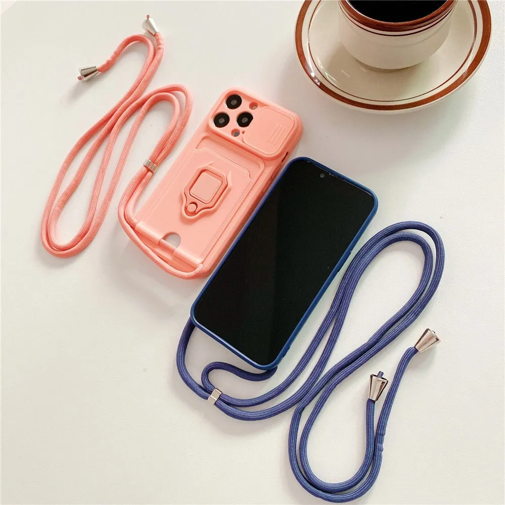 Anymob iPhone Pink Magnetic Card Holder Lanyard Cord Phone Case Lens Protection Back Cover