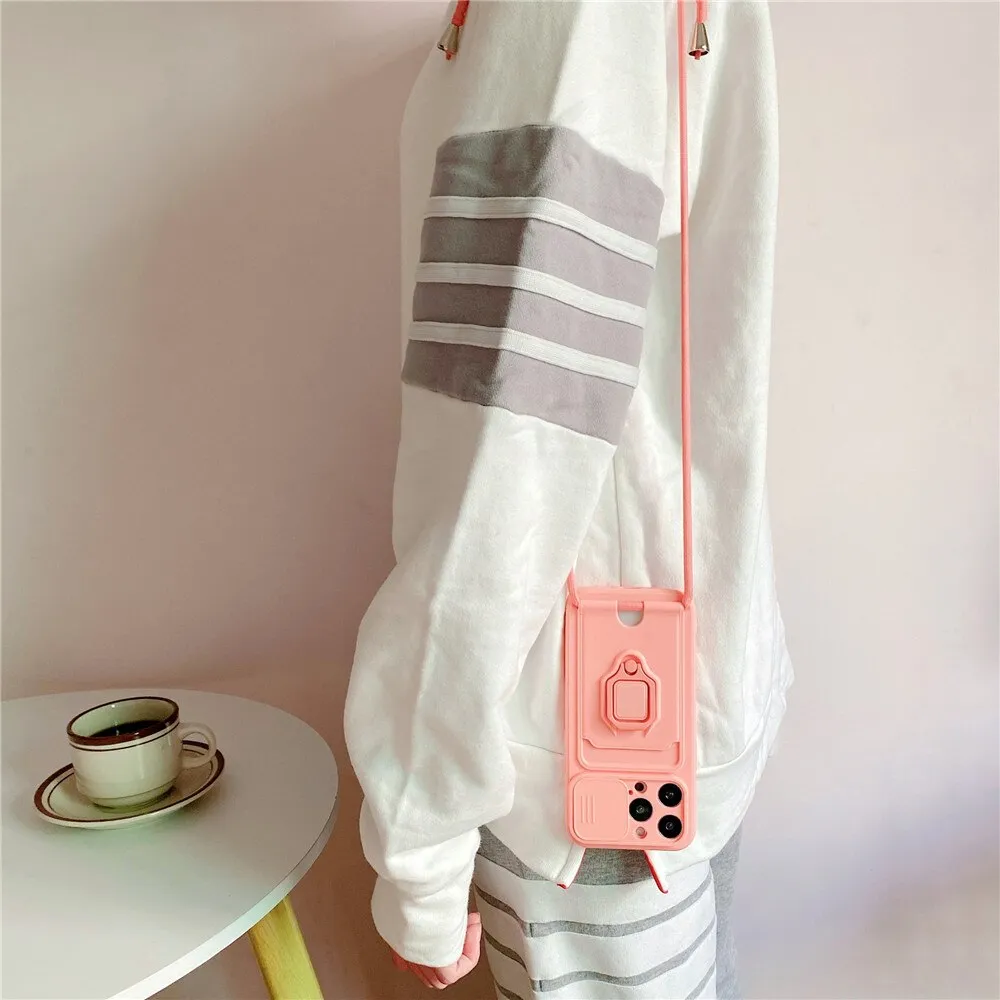 Anymob iPhone Pink Magnetic Card Holder Lanyard Cord Phone Case Lens Protection Back Cover