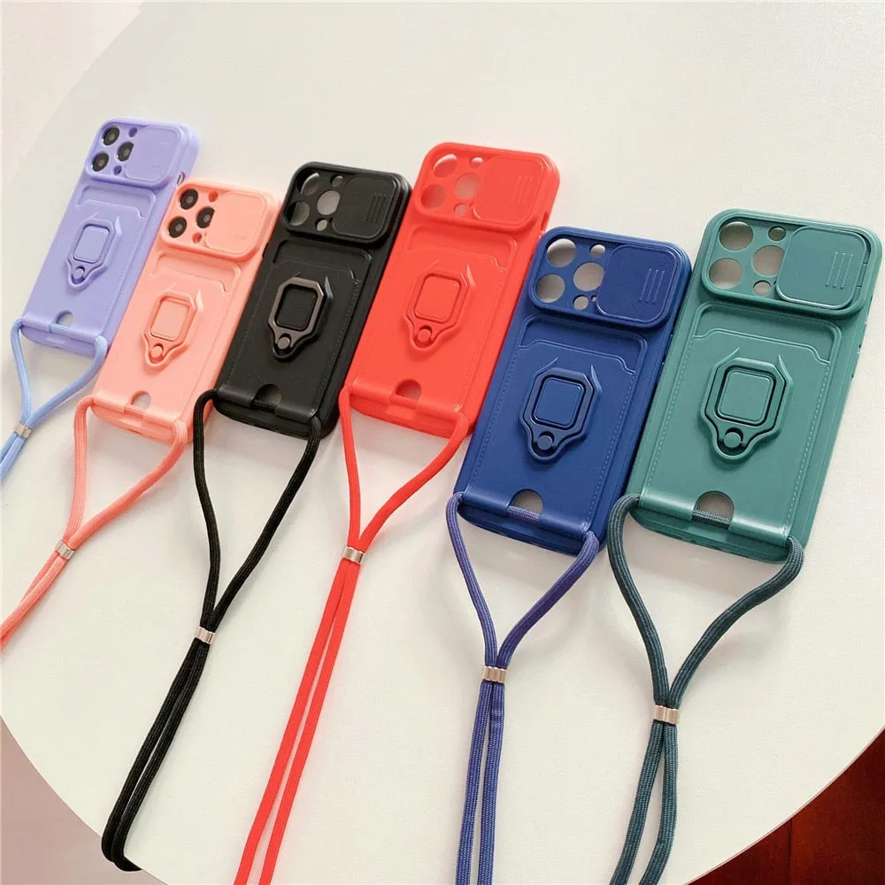 Anymob iPhone Pink Magnetic Card Holder Lanyard Cord Phone Case Lens Protection Back Cover