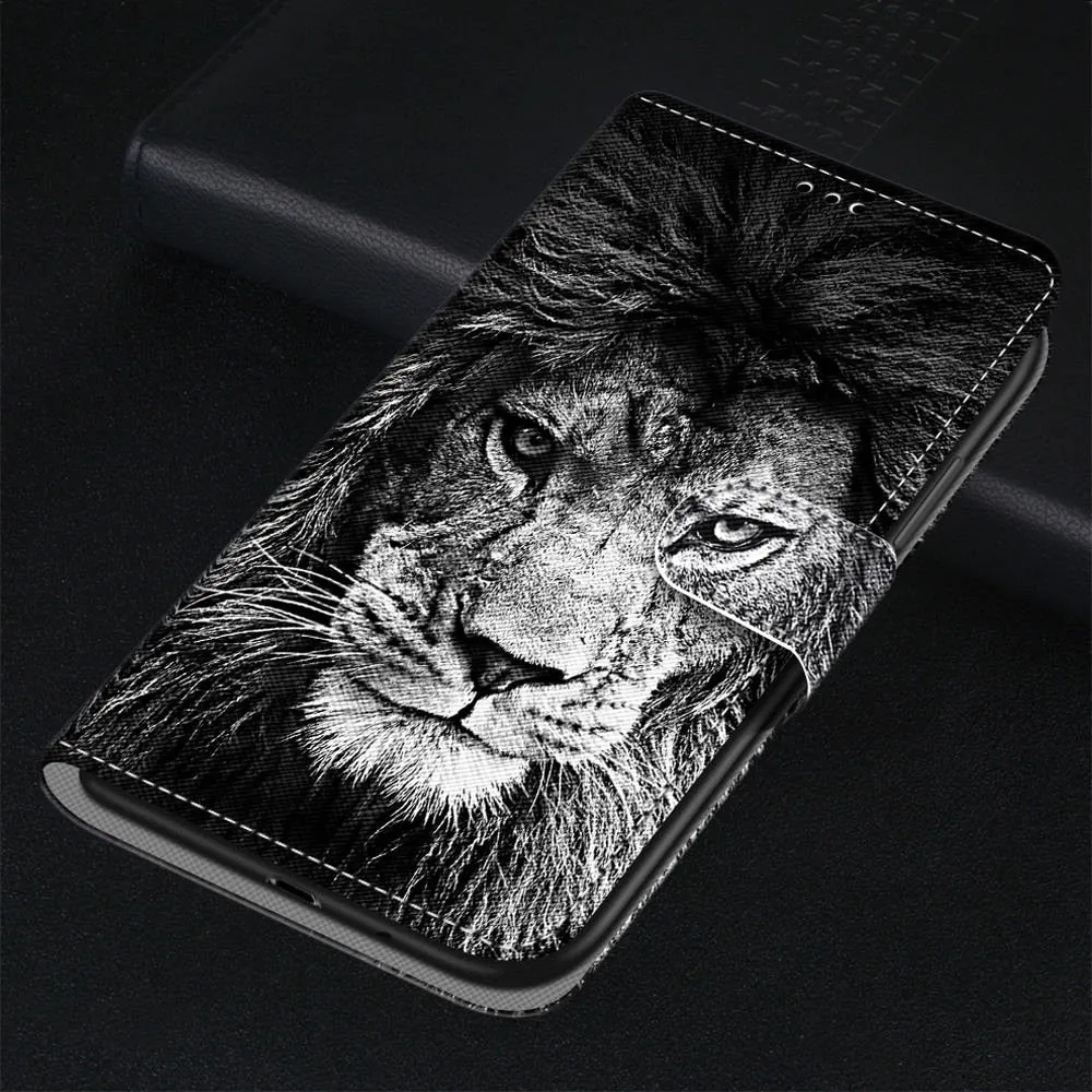 Anymob Samsung Case Black Lion Magnetic Flip Leather Card Slot Wallet Phone Cover Protection