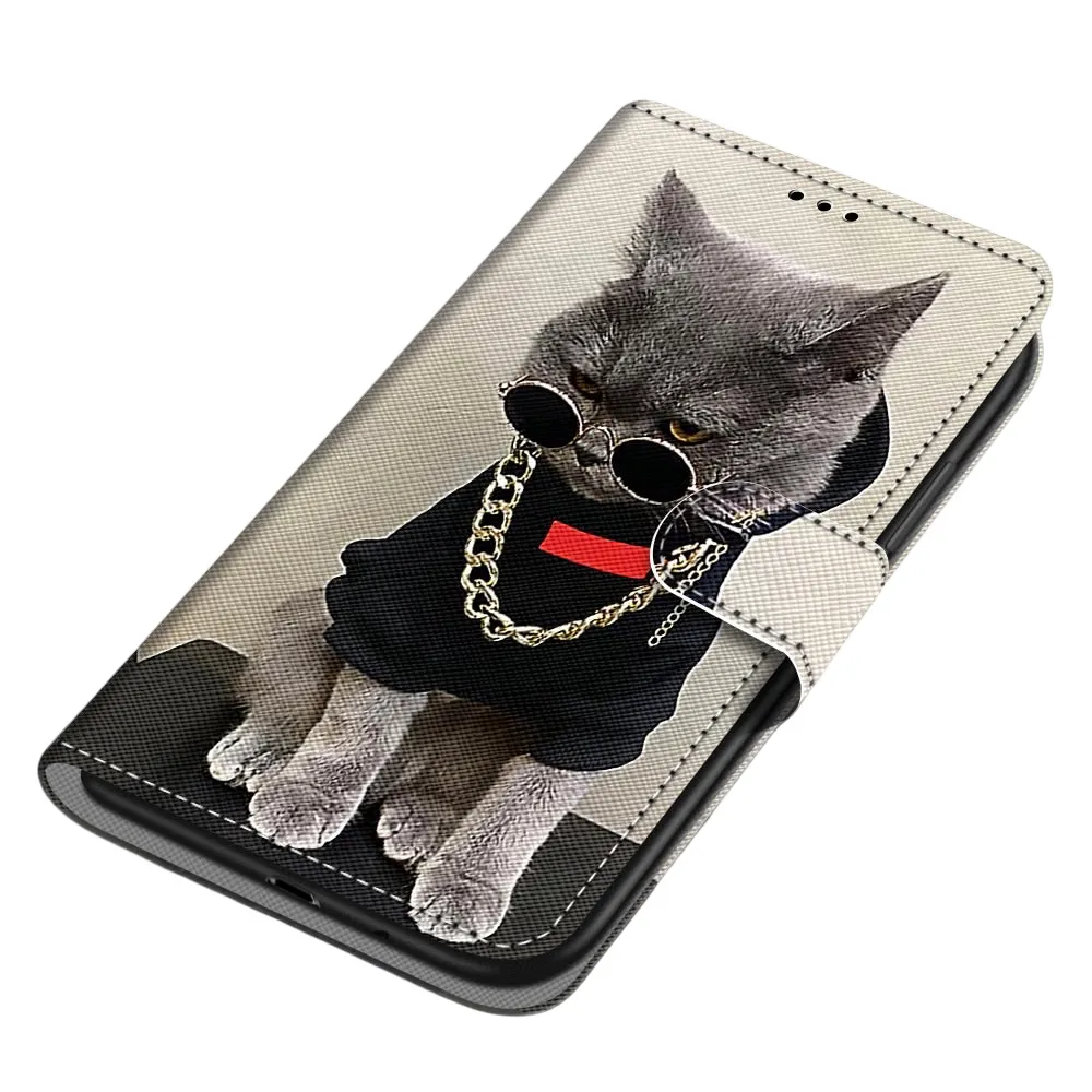 Anymob Samsung Case Cute Rockstar Cat Magnetic Flip Leather Card Slot Wallet Phone Cover Protection