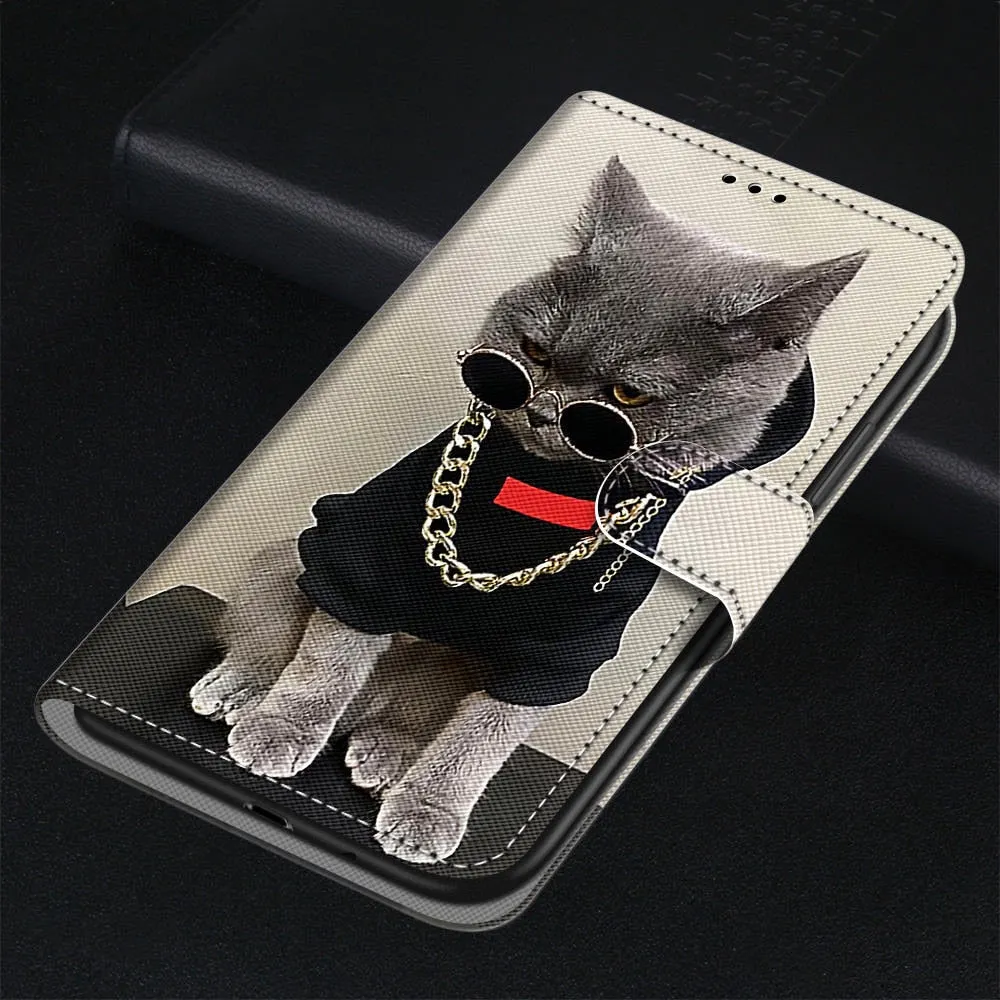 Anymob Samsung Case Cute Rockstar Cat Magnetic Flip Leather Card Slot Wallet Phone Cover Protection