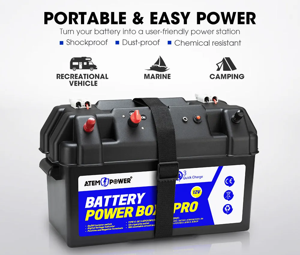 Atem Power 12V Battery Box Portable Deep Cycle Batteries Type C Quick Charge USB