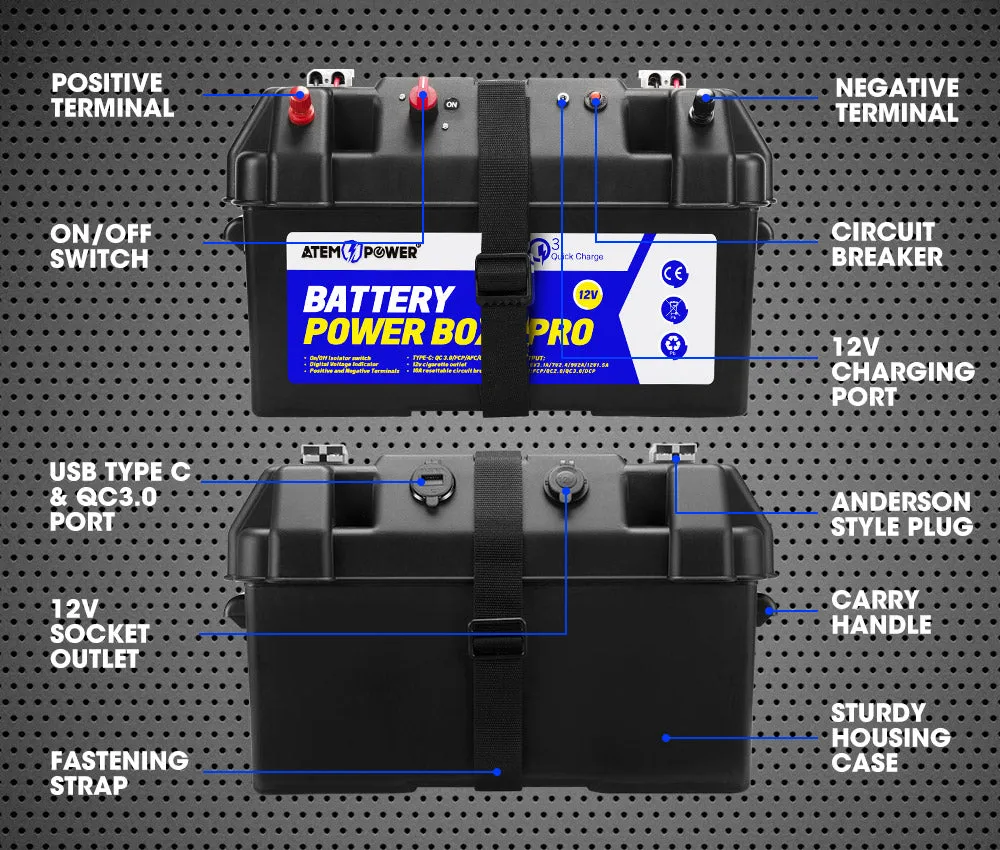 Atem Power 12V Battery Box Portable Deep Cycle Batteries Type C Quick Charge USB