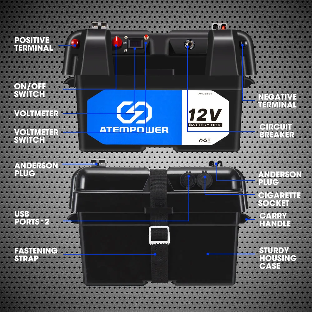 Atem Power Battery Box w/ Monitor 12V Portable Deep Cycle AGM Universal Large Marine