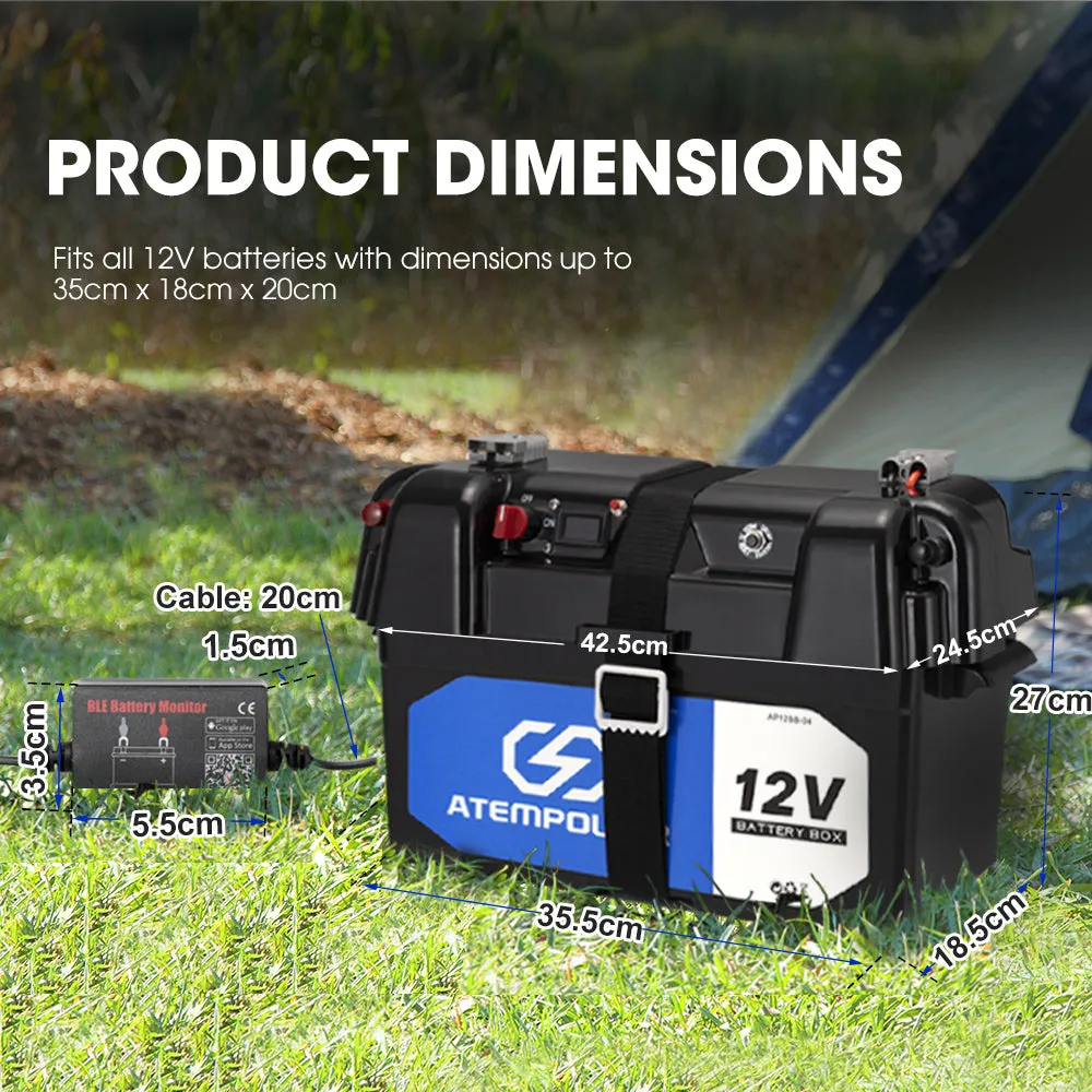 Atem Power Battery Box w/ Monitor 12V Portable Deep Cycle AGM Universal Large Marine
