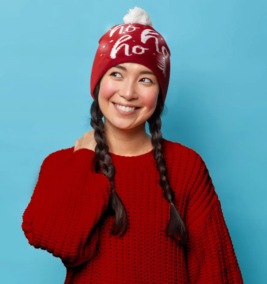 Christmas Merry & Bright Flashing LED Light Pom Beanie Hat Black with Holiday Bulbs