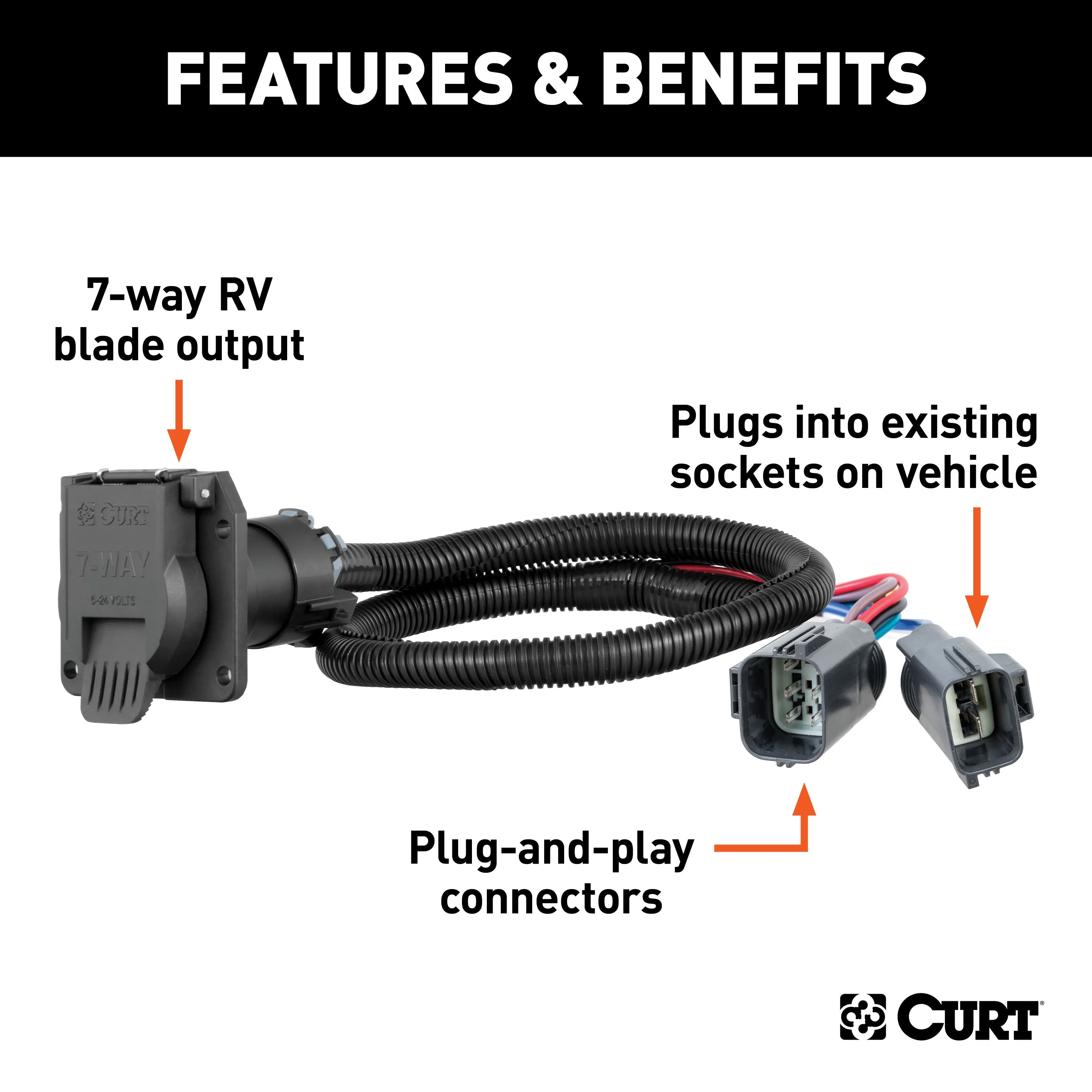 CURT 56443 Custom Wiring Harness; 7-Way RV Blade Output; Select Ford F-250; F-350; F-450