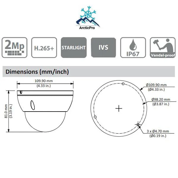 Dahua / IP / 2MP / Mini Dome Camera / Fixed / 2.8mm Lens / Outdoor / WDR / IP67 / IK10 / 30m IR / Starlight / 5 Year Warranty / DH-N22AL12