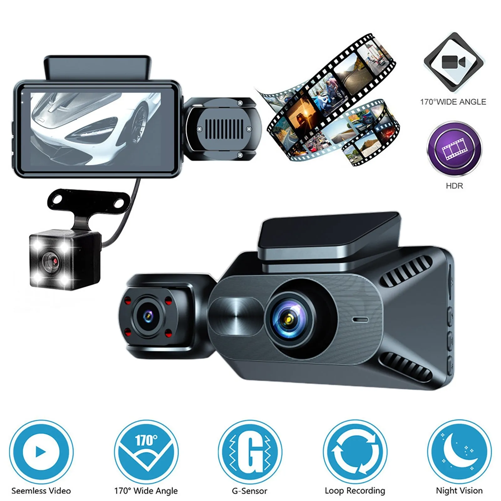 Dash Cam Front Rear Inside 3 Channel Dash Camera 3.0 Inch Ips