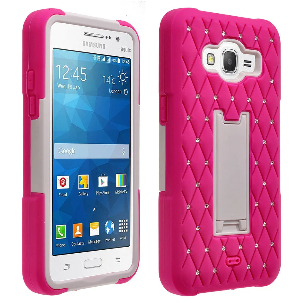 Galaxy Go Prime Case, Samsung Grand Prime Case, Heavy Duty Armor Diamond Rhinestone Hybrid Case with Kickstand - Hot Pink/White