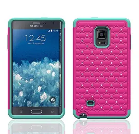 Galaxy Note 4 Case, Crystal Rhinestone Studded Hybrid Dual Layer Shock Absorbent Case for Samsung Galaxy Note 4 - Hot Pink/Teal