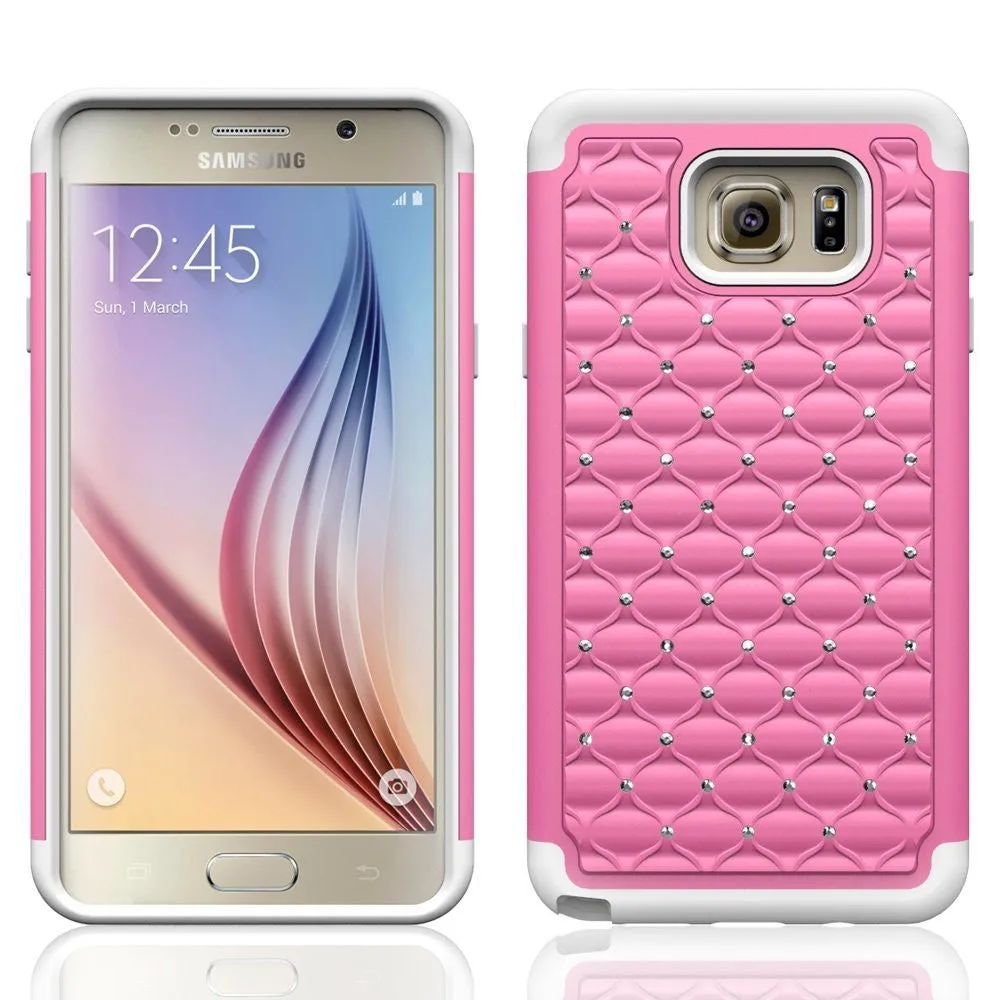Galaxy Note 5 Case, Crystal Rhinestone Studded Hybrid Dual Layer Shock Absorbent Case for Samsung Galaxy Note 5 - Pink/White