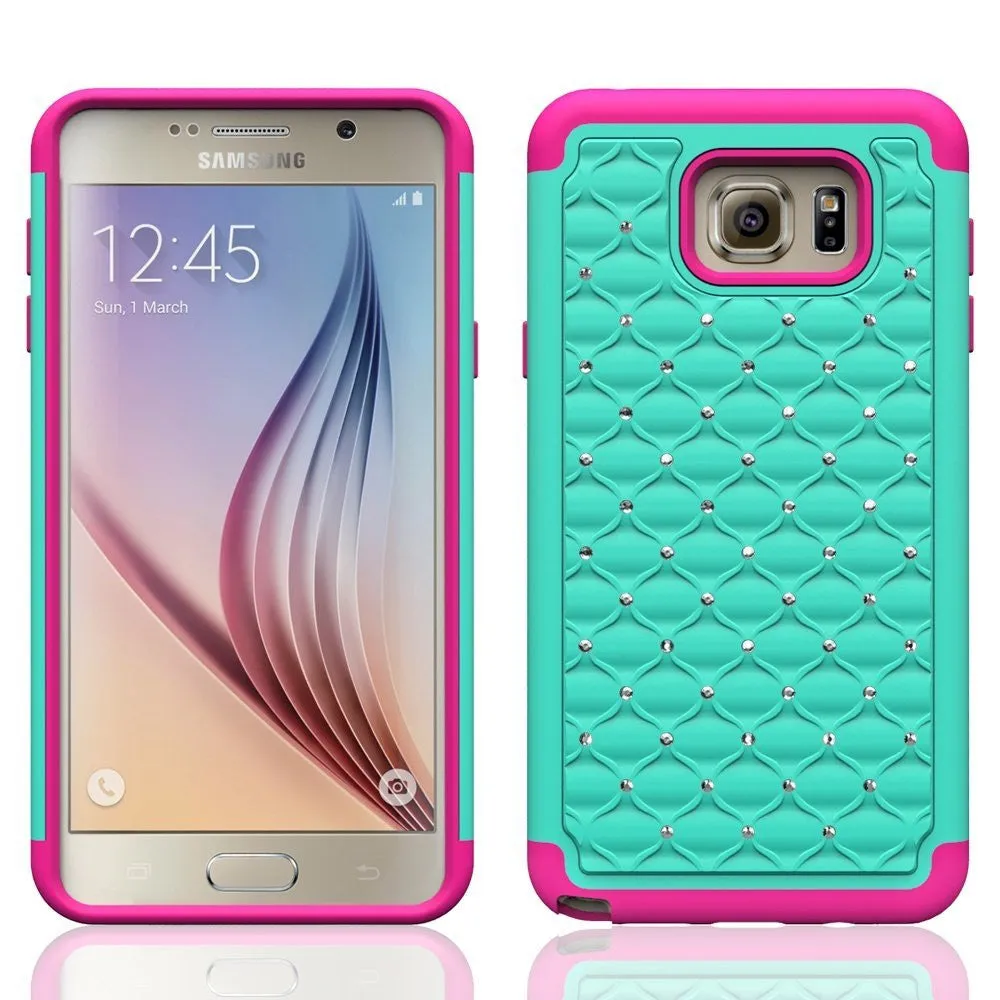 Galaxy Note 5 Case, Crystal Rhinestone Studded Hybrid Dual Layer Shock Absorbent Case for Samsung Galaxy Note 5 - Teal/Hot Pink