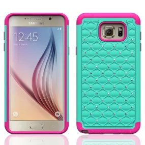 Galaxy Note 5 Case, Crystal Rhinestone Studded Hybrid Dual Layer Shock Absorbent Case for Samsung Galaxy Note 5 - Teal/Hot Pink