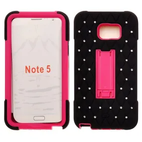 Galaxy Note 5 Case, Heavy Duty Armor Diamond Rhinestone Hybrid Case with Kickstand for Samsung Galaxy Note 5 - Black/Hot Pink