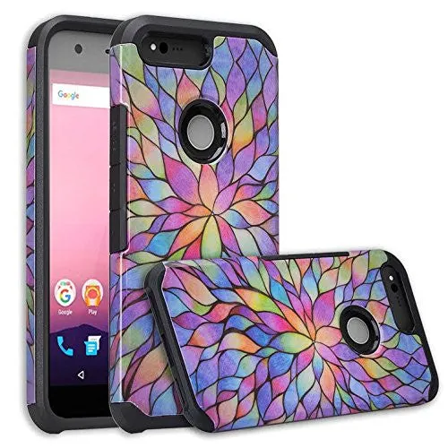Google Pixel XL Case, Slim Hybrid Dual Layer Armor Case Cover for Google Pixel XL - Rainbow Flower