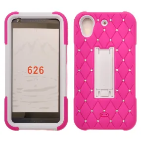 HTC Desire 626 Case, Heavy Duty Armor Diamond Rhinestone Hybrid Case with Kickstand for Desire 626 - Hot Pink/White