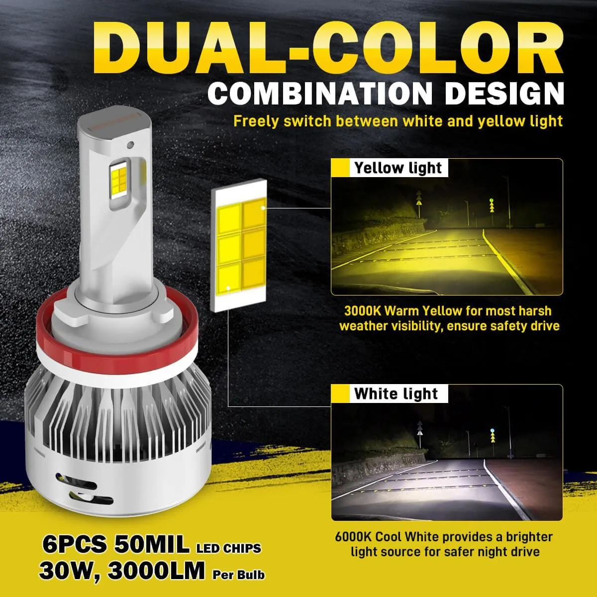 Lasfit LD Plus Switchback H8 H11 H16 LED Fog Light Bulbs Flip Chip 60W 2 Modes | 2 Bulbs