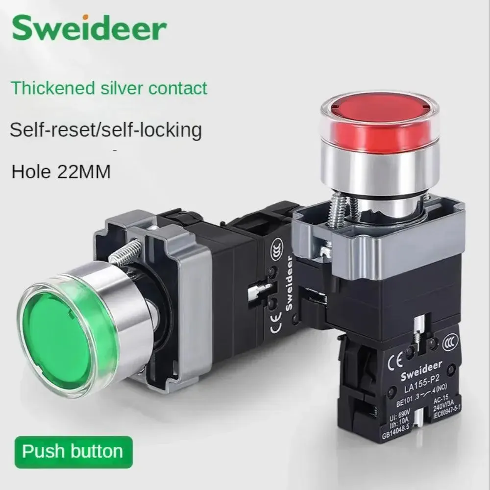 LED Light 220V Push Button Flat Self Locking Indicator Red Green Yellow Blue 12V 24V Illuminated Push Button with Lamp