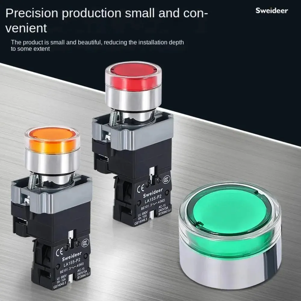 LED Light 220V Push Button Flat Self Locking Indicator Red Green Yellow Blue 12V 24V Illuminated Push Button with Lamp
