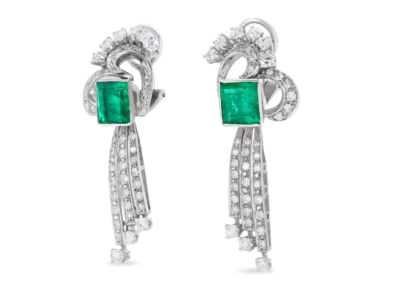 Mid-Century Emerald and Diamond Earrings in 18K White Gold