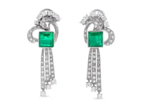 Mid-Century Emerald and Diamond Earrings in 18K White Gold