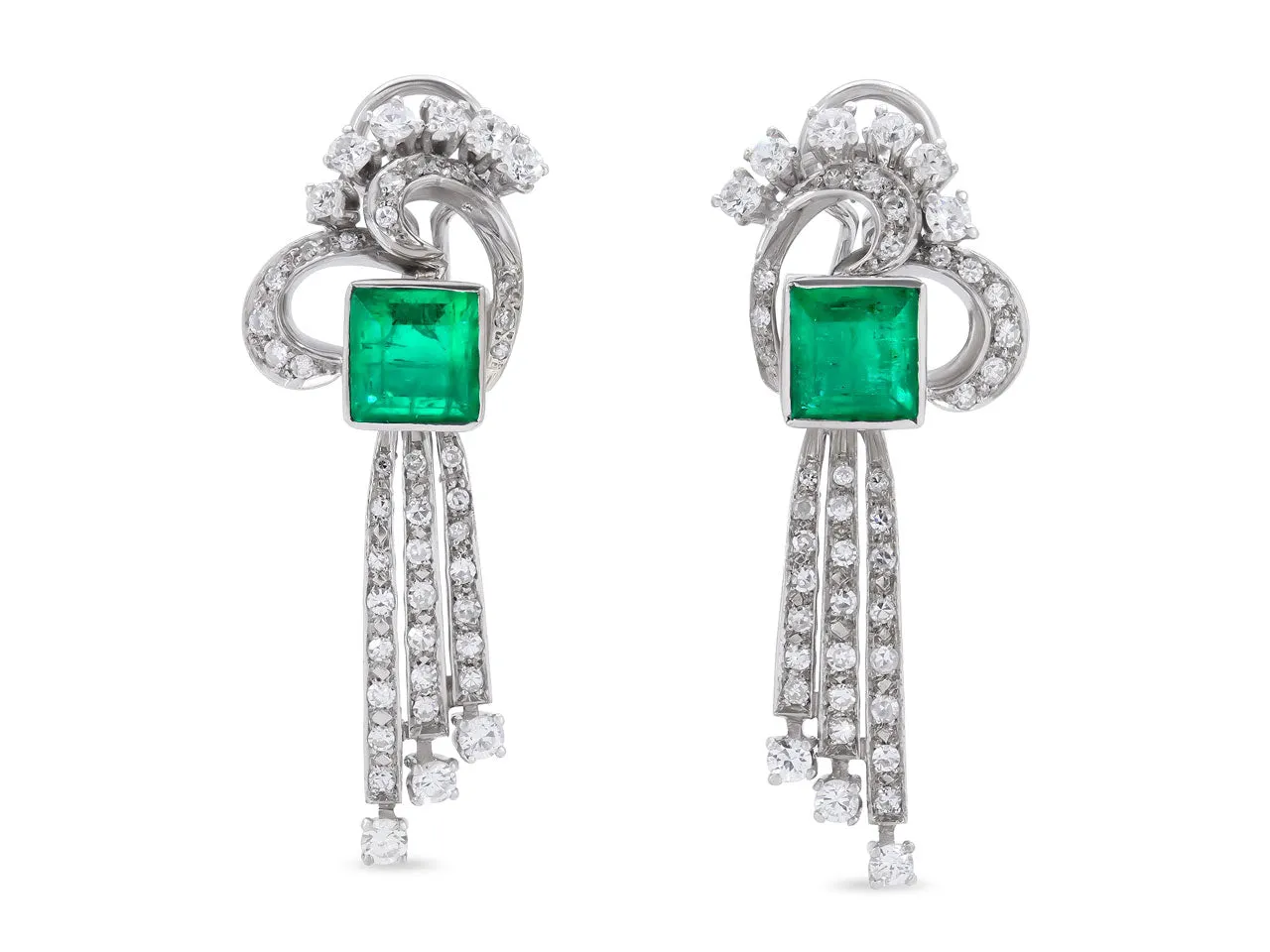 Mid-Century Emerald and Diamond Earrings in 18K White Gold