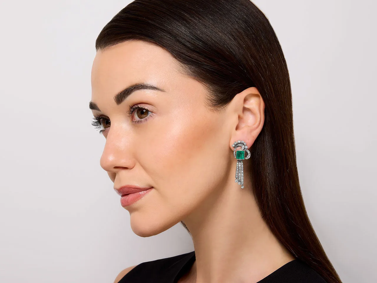 Mid-Century Emerald and Diamond Earrings in 18K White Gold